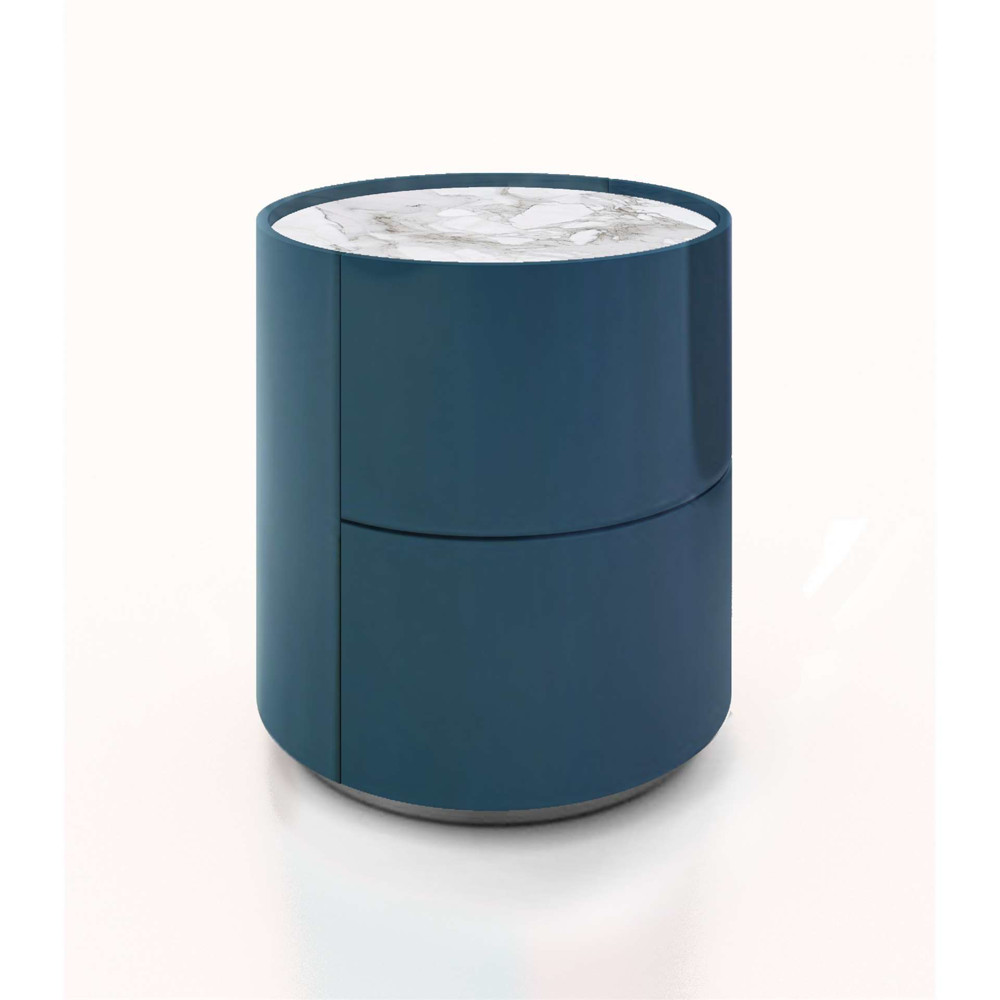 dedalo 2 drawer nightstand - high gloss petrol blue matt titanium plinth + marble glass top calacatta